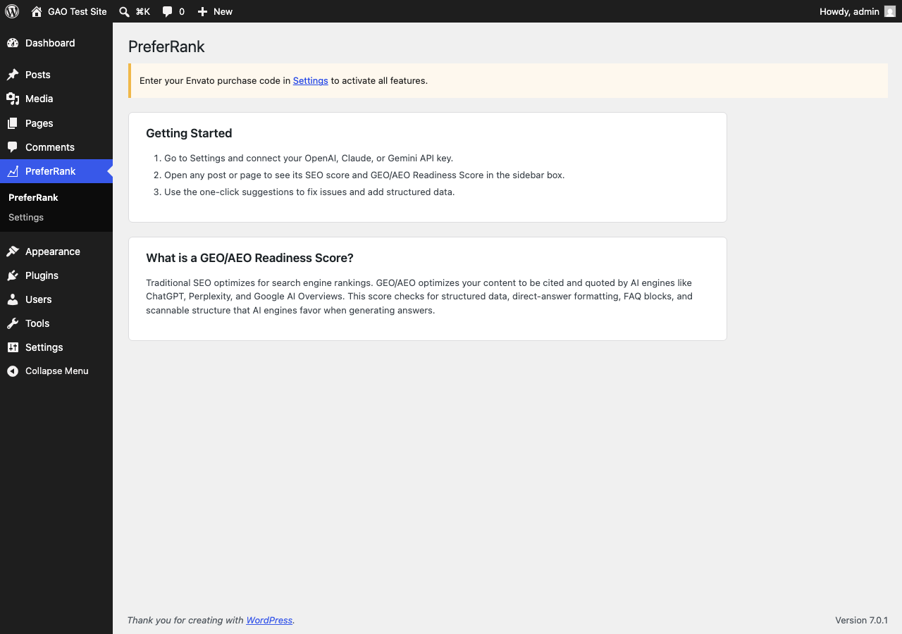 PreferRank dashboard with Getting Started guide